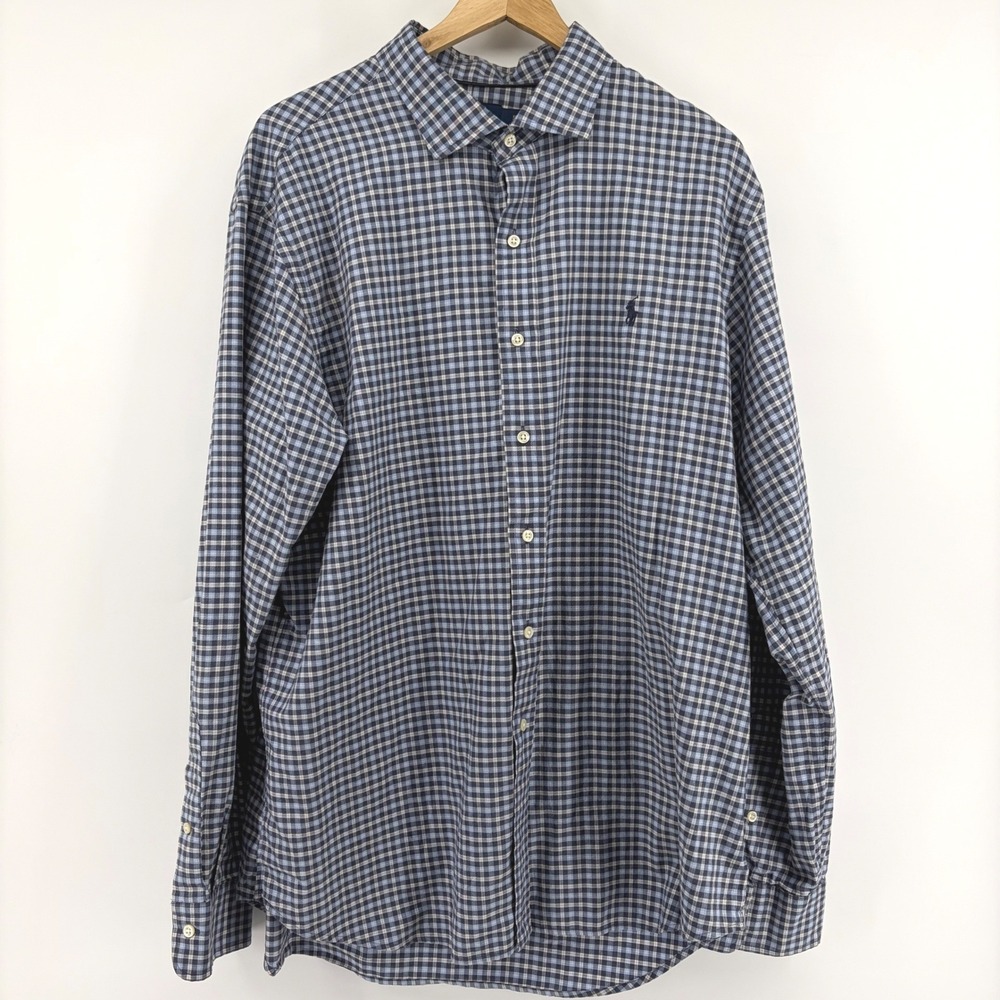 Polo Ralph Lauren Mens XXL Slim Fit Gingham Button Down Shirt Blue Check Cotton - Picture 3 of 10
